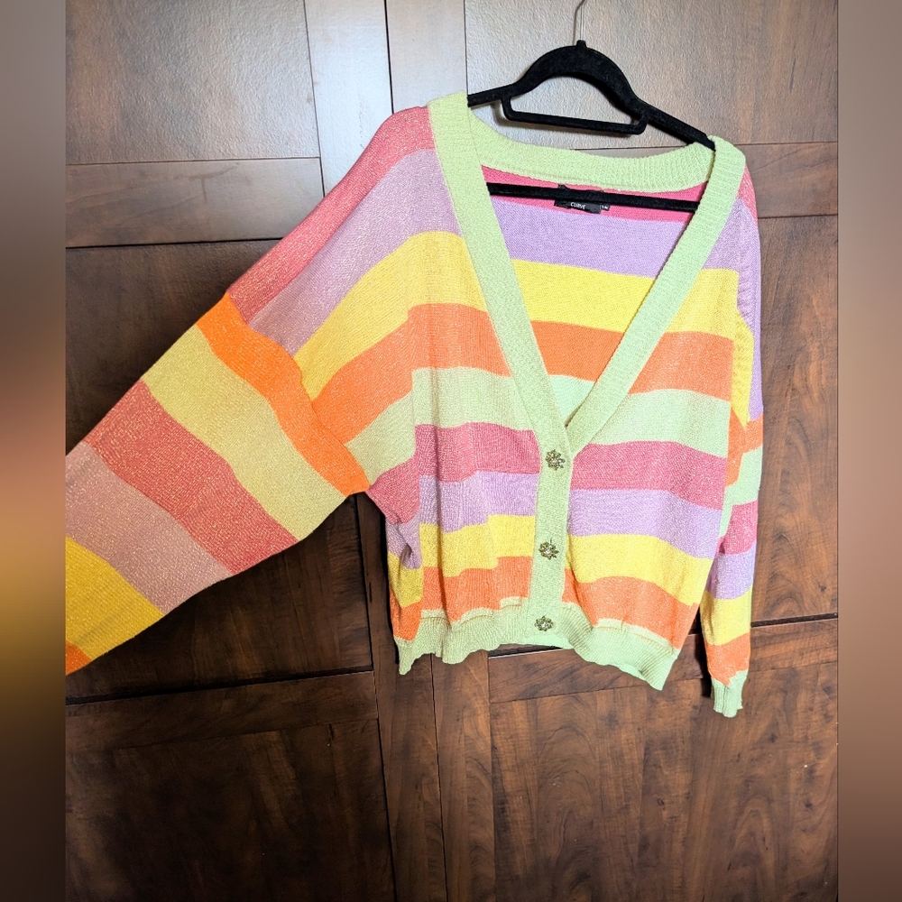 Colorful Striped Women's Sweater With Flower Gem Buttons